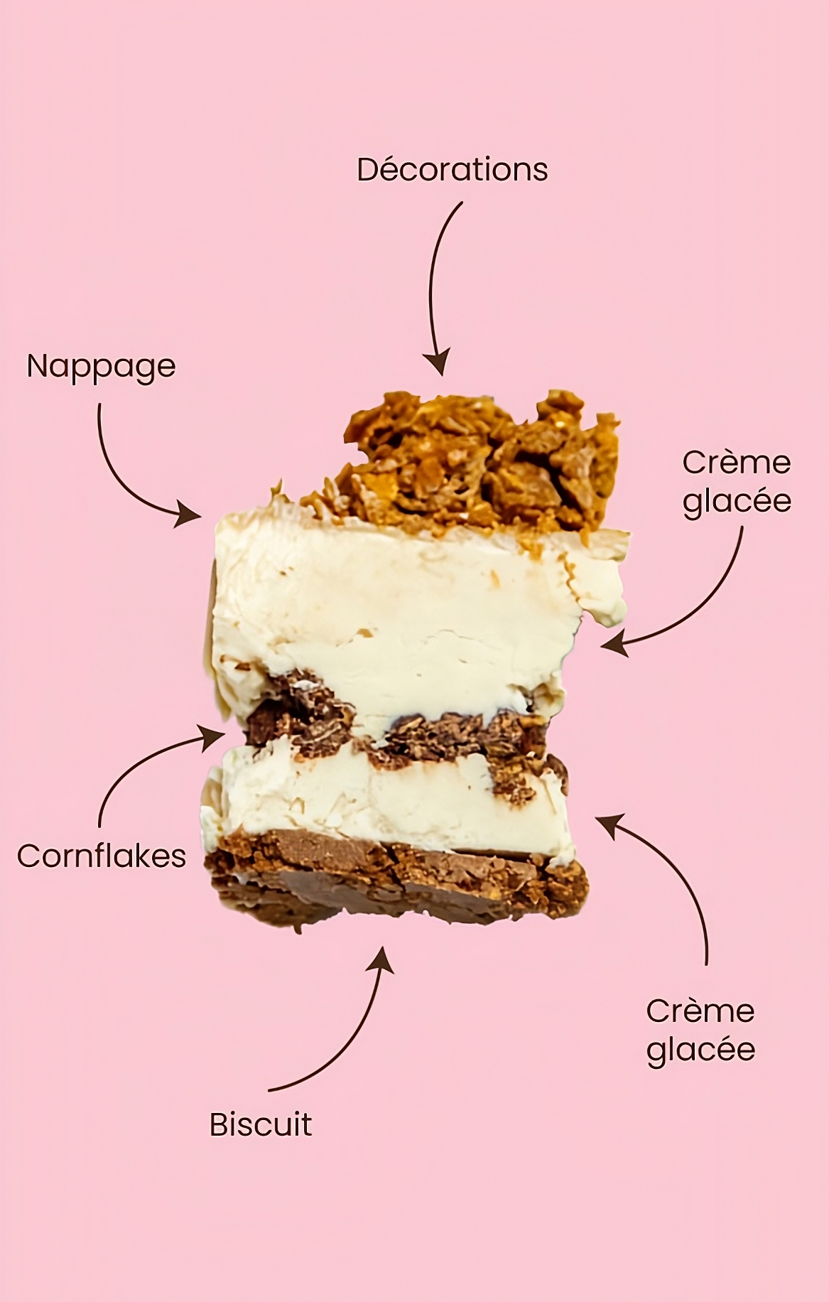 Une part de gâteau entourée de flèches, montrant de quoi elle est composée. Biscuit, crème glacée, cornflakes, nappage et décorations.